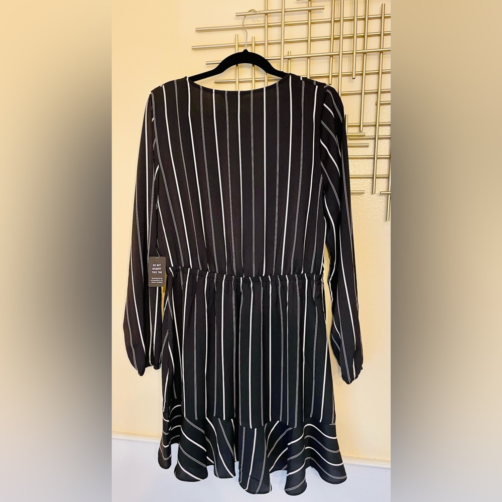 Express V-neck black and white striped long sleeve dress. - Picture 4 of 6